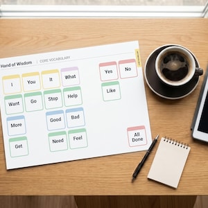 May include: A white communication board titled Hand of Wisdom with the subtitle CORE VOCABULARY. The board features a grid of colorful rectangular boxes containing words like I, You, It, What, Yes, No, Like, Want, Go, Stop, Help, More, Good, Bad, Need, Feel, Get, and All Done.