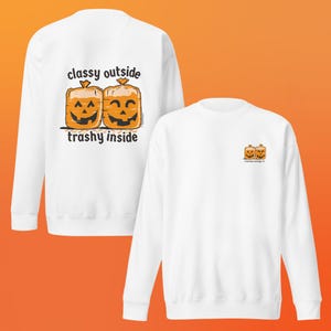 Stijlvol van buiten, ordinair van binnen | Sweatshirt met Halloween-print op de achterkant | Grappige pompoenprint | Vintage herfsttrui
