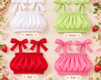 May include: Four sleeveless crop tops with gathered elastic waistbands and shoulder straps tied into bows. The tops are available in white, green, red, and pink, with each color labeled below the respective garment as White, Green, Red, and Pink.