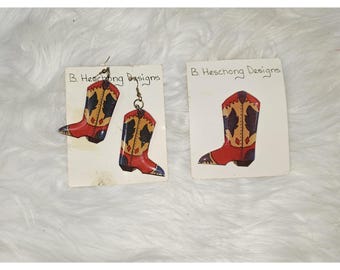Vintage 90s Mexico Style Western Cowgirl Cowboy Boots Shoes Earrings And Brooch