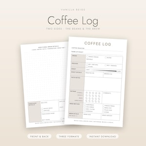 Op de afbeelding: Een dubbelzijdig koffielogboek-sjabloon in beige en wit. De voorzijde bevat velden voor de naam van de branding, herkomst, proces, roastniveau, smaaknotities, beoordelingen en zetmethode. De achterzijde biedt een puntjesraster voor details.