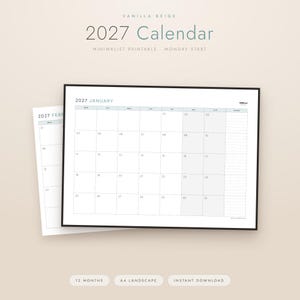 Minimal månadskalender 2027, A4 + US Letter, utskrivbar (digital nedladdning). BONUS: Sep-dec 2026 ingår.