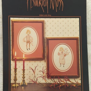 Counted Cross Stitch # 1983 P Buckley Moss &#39;ADAM and AMY&quot; Amish Boy Girl Country Pattern Leaflet