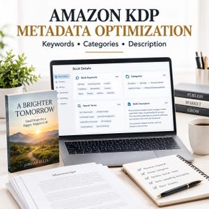 May include: A laptop displaying an Amazon KDP metadata optimization dashboard with book details, keywords, and categories. Beside it sits a book titled A Brighter Tomorrow by Jordan Ellis, a stack of manuscript pages, and a notebook with a checklist.