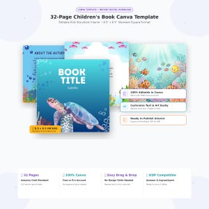 Op de afbeelding: Een 32-pagina tellend Canva-sjabloon voor kinderboeken in een vierkant formaat van 21,59 x 21,59 cm. Het ontwerp bevat een onderwaterthema met een zeeschildpad, koraal en vissen, bewerkbare tekstvelden en KDP-compatibele lay-outpagina's.