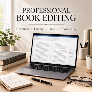 Könnte beinhalten: Ein Laptop mit einem Dokument mit roten Korrekturmarkierungen auf einem Schreibtisch mit Notizbuch, Stift, Brille und Büchern. Der Text PROFESSIONAL BOOK EDITING, Grammar, Clarity, Flow, Proofreading ist über dem Laptopbildschirm zu sehen.