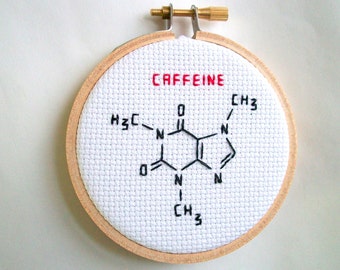 Caffeine molecule, skeletal formula, completed cross stitch