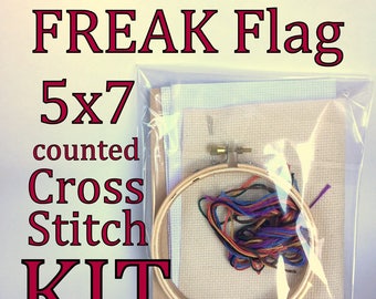 Cross Stitch Kit -- Freak flag, patterned to fit in a vertical 5x7 frame