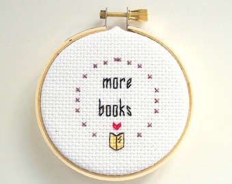 More Books mini cross stitch -- completed 3 inch round cross stitch about reading more and collecting books