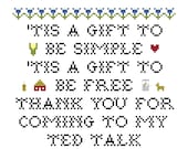 Cross Stitch Pattern Simple Gifts Lecture, thank you for coming to my talk about churning butter, cross stitch sampler, antique style