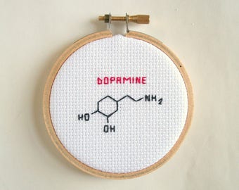 Dopamine cross stitch with molecule, skeletal formula for dopamine, completed cross stitch