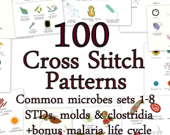 Cross Stitch Patterns -- 100 Microbes, in 10 sets of 10, each to fit in 3" embroidery hoops or frames, or for a gigantic sampler