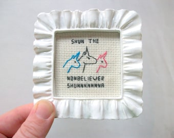 Shun the Nonbeliever - Charlie the Unicorn cross stitch, completed and framed