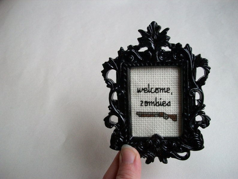 Welcome Zombies Zombie cross stitch welcome sign with shotgun, variety of frames, grab bag secondhand frame image 3