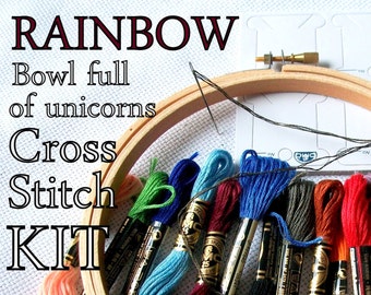 Cross Stitch Kit -- Rainbow Bowl Full of Unicorns kit with a colorful bowl full of unicorns