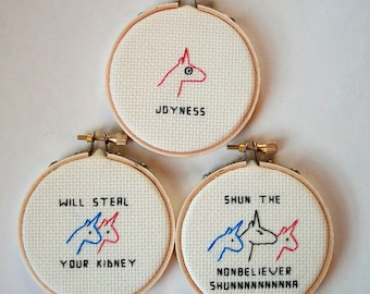 Charlie the Unicorn cross stitches in hoops or small frames -- set of 3