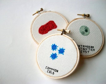 3 Microbes cross stitch set -- instant collection of common germs, microbes for your wall