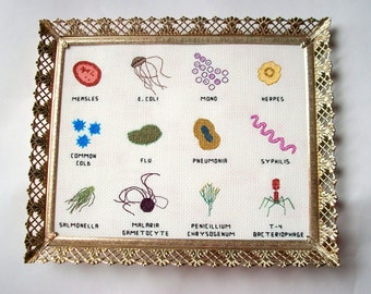 Microbe cross stitch sampler 8x10 -- a dozen microbes stitched for you, with a mounting board