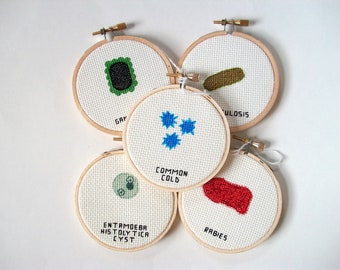 Any 5 Microbes cross stitch set -- instant collection of common germs, microbes for your wall