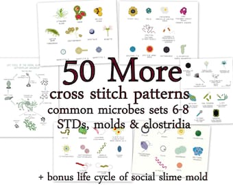 Cross Stitch Patterns -- 50 Microbes, in 5 sets of 10, each to fit in 3" embroidery hoops or frames, or for a gigantic sampler