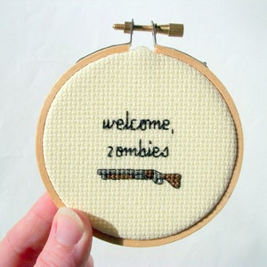 Welcome Zombies Zombie cross stitch welcome sign with shotgun, variety of frames, grab bag secondhand frame image 2