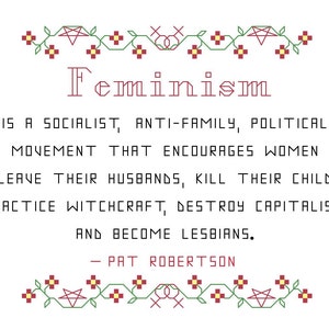 Kruissteekpatroon -- The Dangers Of Feminism met patroon om in een lijst van 5 x 7 te passen, parodie, pdf