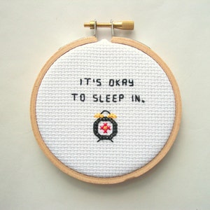 It's okay to sleep in completed cross stitch tiny alarm clock, finished cross stitch from It's Okay series image 2