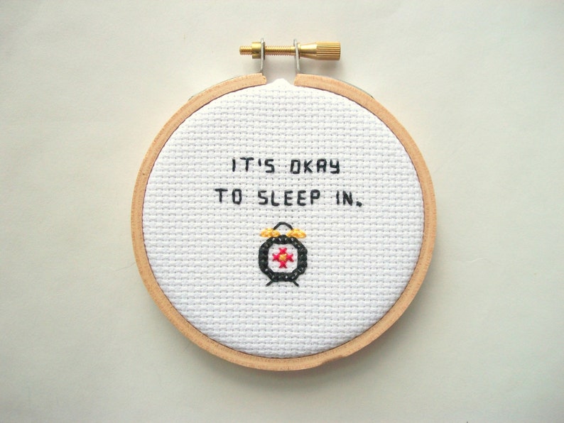 It's okay to sleep in completed cross stitch tiny alarm clock, finished cross stitch from It's Okay series image 2