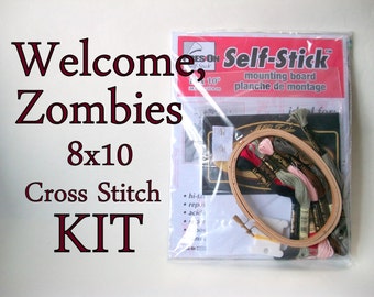 Cross Stitch KIT -- Welcome Zombies 8x10, shotgun with brains border, old west style housewarming gift