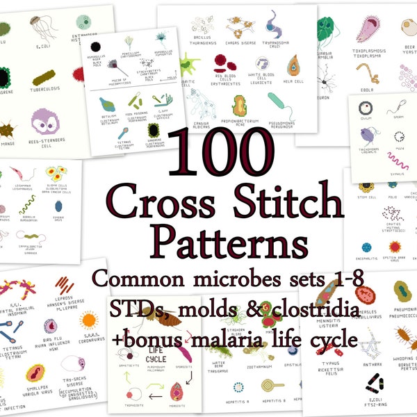 Cross Stitch Patterns -- 100 Microbes, in 10 sets of 10, each to fit in 3" embroidery hoops or frames, or for a gigantic sampler