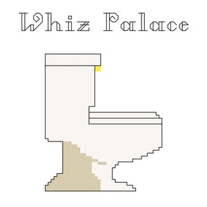 Peut inclure: Illustration pixelisée de toilettes avec l'inscription "Whiz Palace" au-dessus. Les toilettes sont blanc cassé avec un accent jaune. Des vignes vertes et des fleurs rouges et jaunes bordent le haut et le bas.