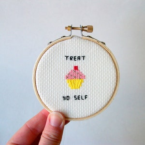 Treat Yo Self cupcake cross stitch -- choose one cupcake to treat yourself with, completed cross stitch, stocking stuffer