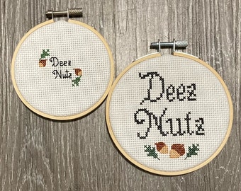 Deez N*tz mini cross stitch -- completed 3" or 4" cross stitch, mind goblin, mature