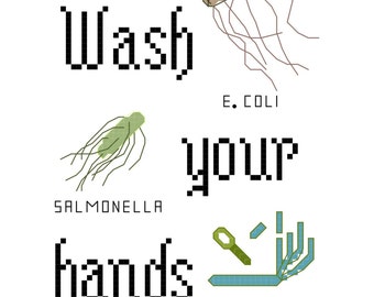 Cross Stitch Patterns -- Wash Your Hands 5x7 (5 versions) and bonus Wash Your Hands patterned for bathroom towel (2 versions)