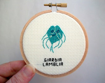 Beaver Fever microbe -- germ cross stitch, microbe needlework for scientists and other cool people