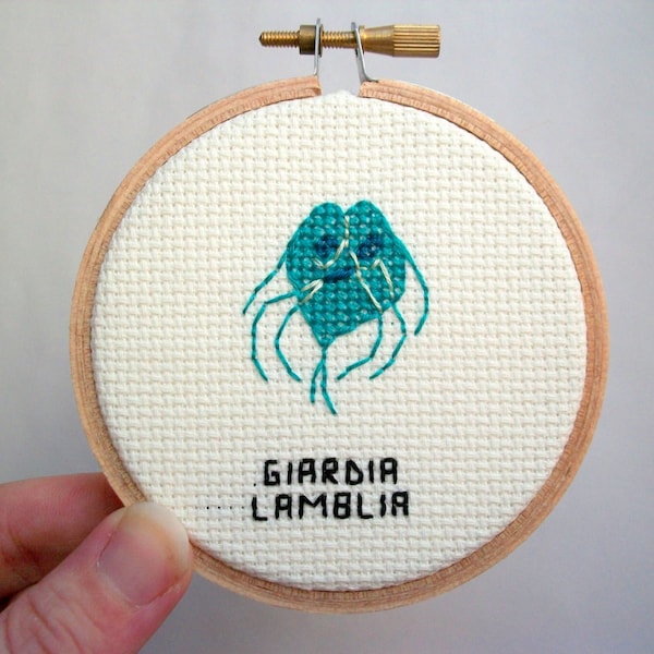 Beaver Fever microbe -- germ cross stitch, microbe needlework for scientists and other cool people