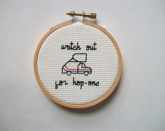 Watch out for hop-ons mini cross stitch -- inspired funny wall embroidery with airport stair car