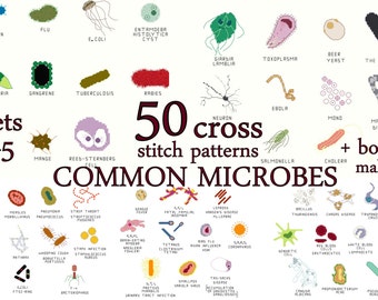 Cross Stitch Patterns -- 50 Microbes, in 5 sets of 10, each to fit in 3" embroidery hoops or frames, or for a gigantic sampler