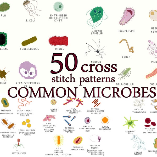 Cross Stitch Patterns -- 50 Microbes, in 5 sets of 10, each to fit in 3" embroidery hoops or frames, or for a gigantic sampler