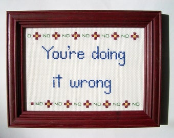 ORIGINAL You're Doing It Wrong cross stitch -- 5x7 framed with flower motif and No No No border