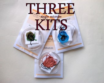 THREE Cross Stitch KITs -- any 3 microbe cross stitch kits, STDs, viruses, bacteria, prions, neurons, you name it