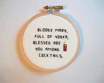 Bloody Mary mini cross stitch -- blessed vodka, tomato juice, brunch with cocktails