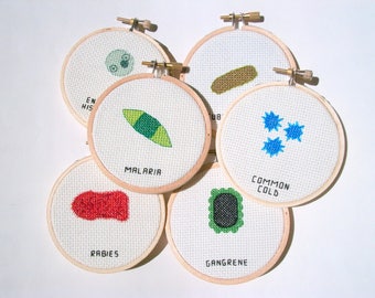 Any 6 Microbes cross stitch set -- instant collection of common germs, microbes for your wall