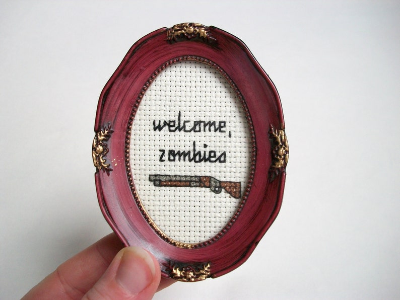 Welcome Zombies Zombie cross stitch welcome sign with shotgun, variety of frames, grab bag secondhand frame image 1