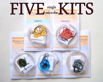 FIVE Cross Stitch KITs -- any 5 microbe cross stitch kits, STDs, viruses, bacteria, prions, neurons, you name it