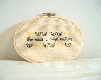 Huge Mistake cross stitch -- inspired funny, simple cross stitch, minimalist with banana and chicken motif