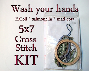 Cross Stitch Kit -- Wash your hands 5x7 DIY kit, with E. coli, salmonella, mad cow/common cold/C Diff and materials you need to stitch 'em