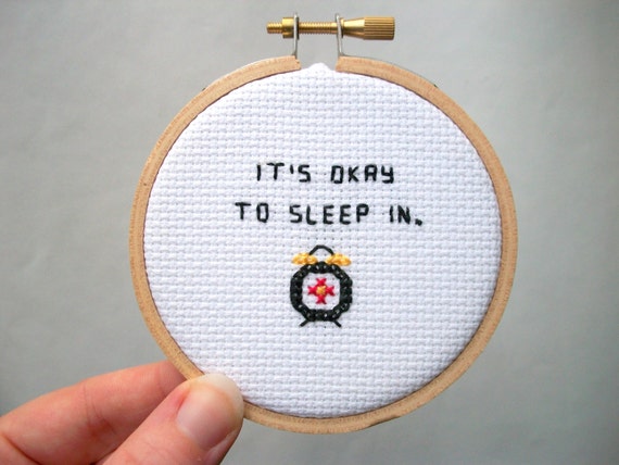 It's Okay to Sleep in Completed Cross Stitch Tiny Alarm Clock