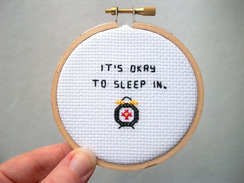 It's okay to sleep in completed cross stitch tiny alarm clock, finished cross stitch from It's Okay series image 1