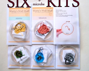 SIX Cross Stitch KITs -- any 6 microbe cross stitch kits, STDs, viruses, bacteria, prions, neurons, you name it